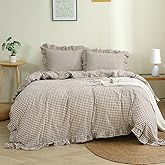 Silnuo Taupe/White Plaid Ruffle Duvet Cover King Size,100% Washed Cotton 3 Pcs Vintage Checkered Chic Gingham Bedding Set Comforter Cover Set