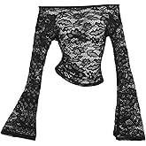 GORGLITTER Women's Gothic Lace Off The Shoulder Top Y2K Bell Long Sleeve Slim Fit Trendy Blouse Shirts