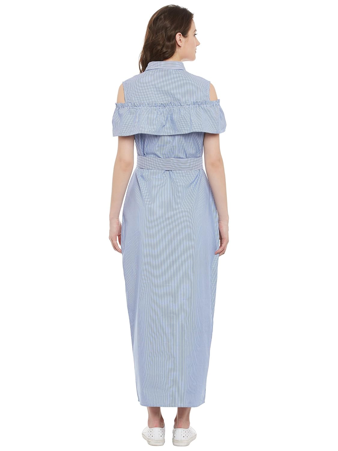 blue and white stripes ruffled button down maxi dress with belt