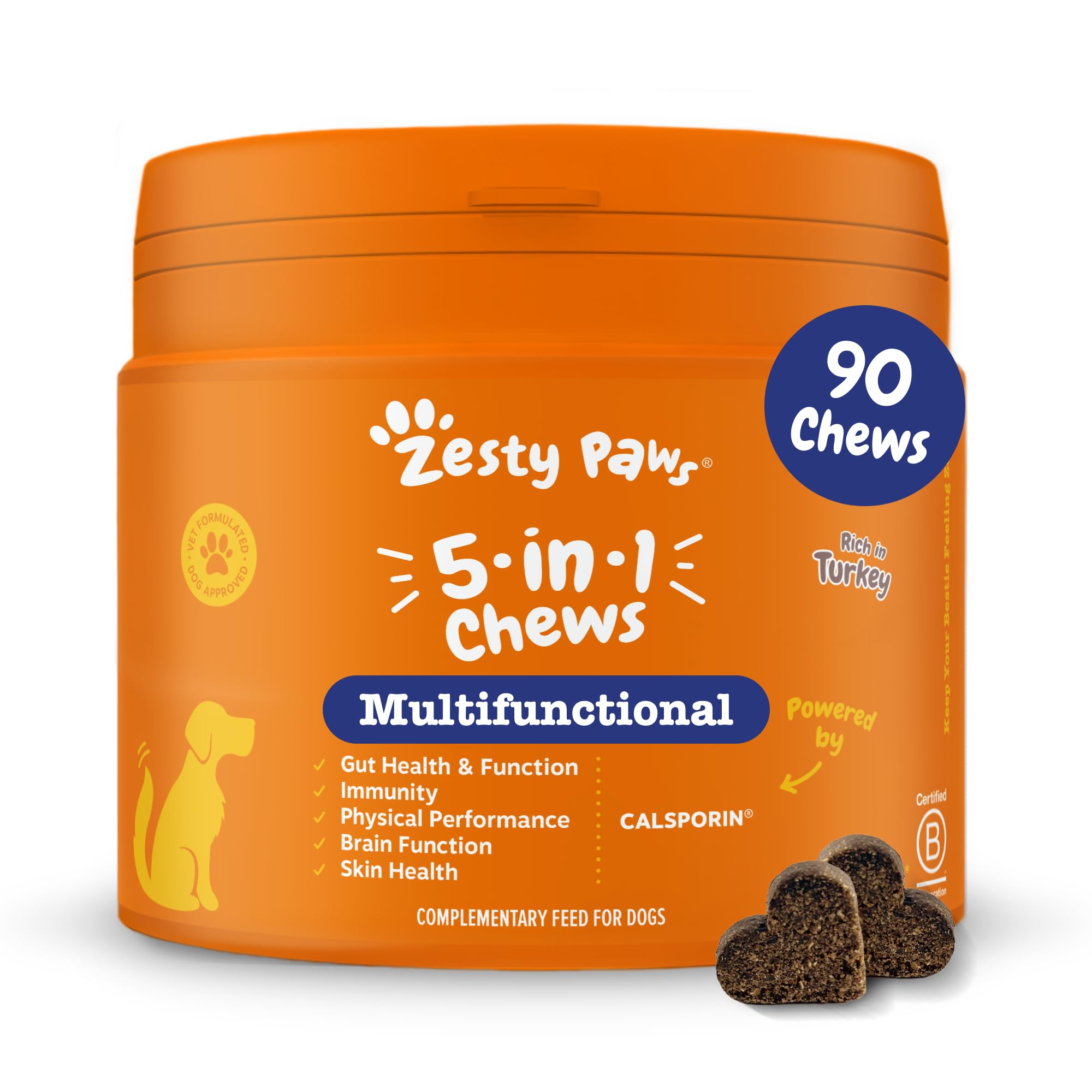 Zesty Paws 5in1 Multivitamins for Dogs | Supports Skin & Gut Health, Brain Function, Immune System, Physical Performance | With Vitamin A, B & C, Folic Acid, Biotin, L-Carnitine | Daily Use | 90 Chews
