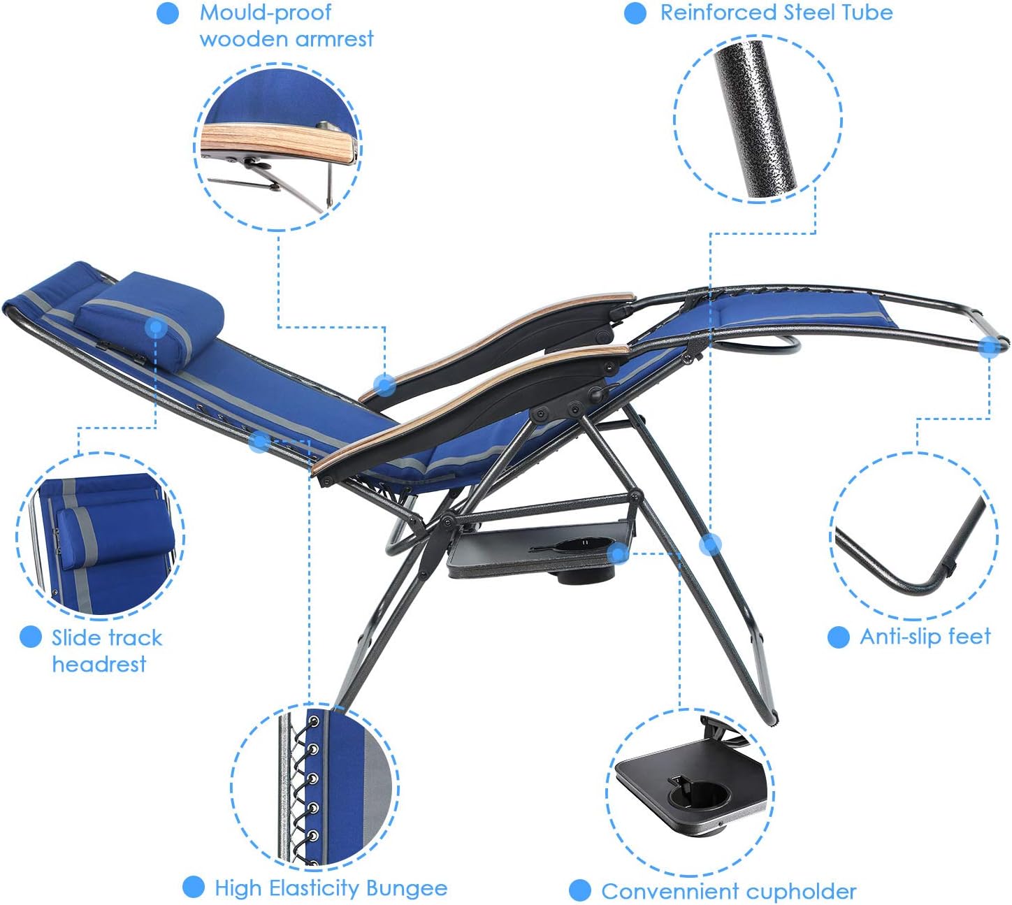 PORTAL Oversized Padded Zero Gravity Chair, XL Seat Adjustable Patio Lounge Recliner Chair with Lumbar Support Pillow and Side Table Support 350lbs: Kitchen & Dining