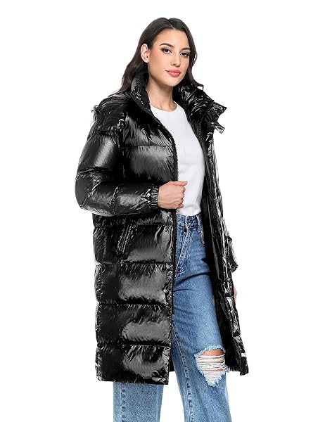 UIKUE WOMENS PUFFER COATS – LONG WINTER QUILTED JACKET FULL ZIP WINDPROOF PUFFY COAT THICK WARM OUTERWEAR HOODED PARKA WITH POCKETS(GLOSSY BLACK,S)