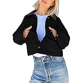 APAFES Women's Cropped Barn Jacket Corduroy Collar Button Down Long Sleeve Short Coat with Pockets