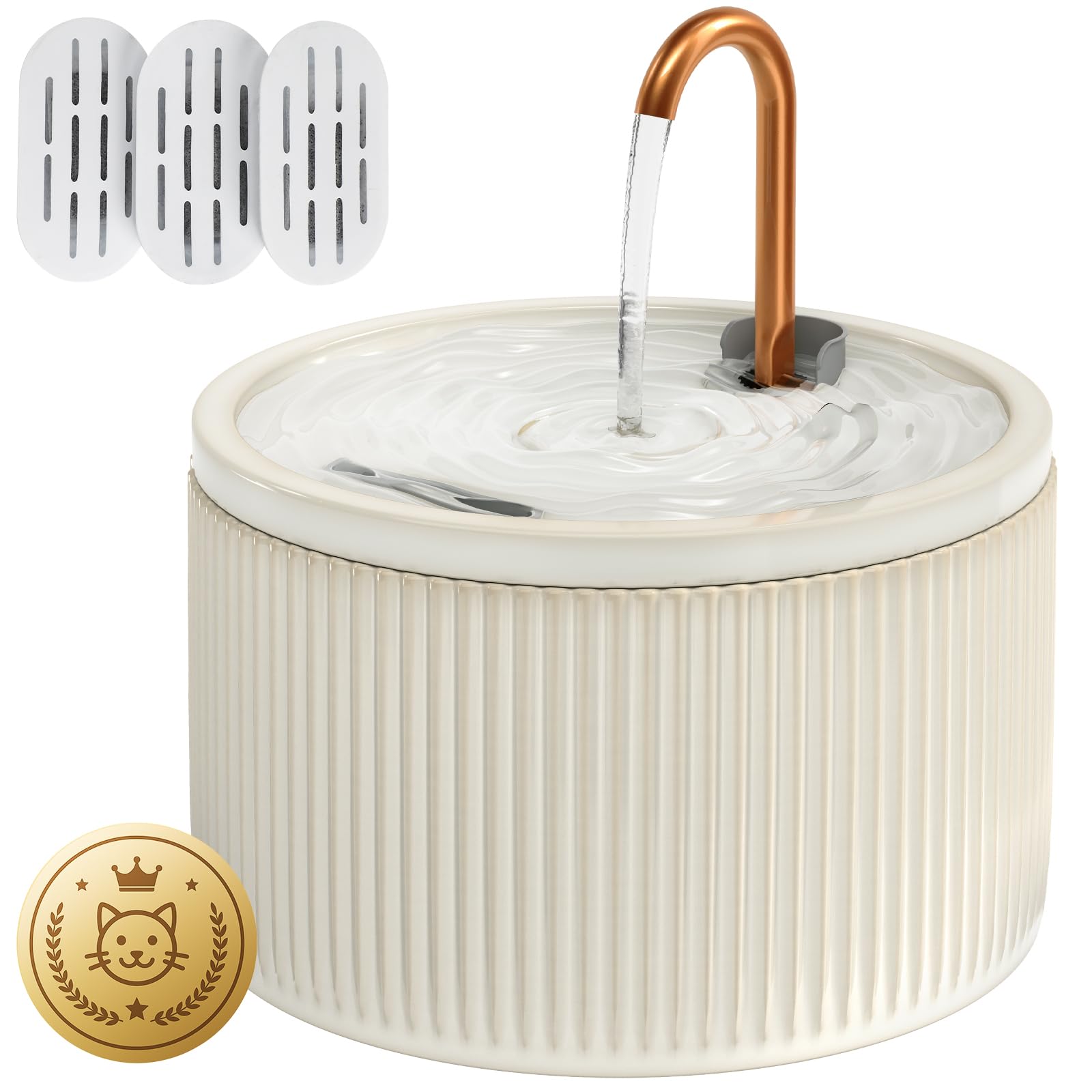 Photo 1 of ***(HEAVILY USED/ MINOR DAMAGE)***DOOOB Ceramic Cat Water Fountain, 2.1L/71oz Ceramic Cat Fountains, Automatic Pet Water Fountain for Cats, Pet Water Fountain with Ultra-Quiet Pump and 3 Filters & 3 Sponges (Beige)