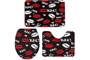 QUEENKER 3 Pieces Bath Rug Set Toilet Seat Cover Sexy Lips Black White Red Print Contour Rug, Pedestal Mat and Toilet Lid Cover，Non-Slip Bathroom Floor Mat Large Size