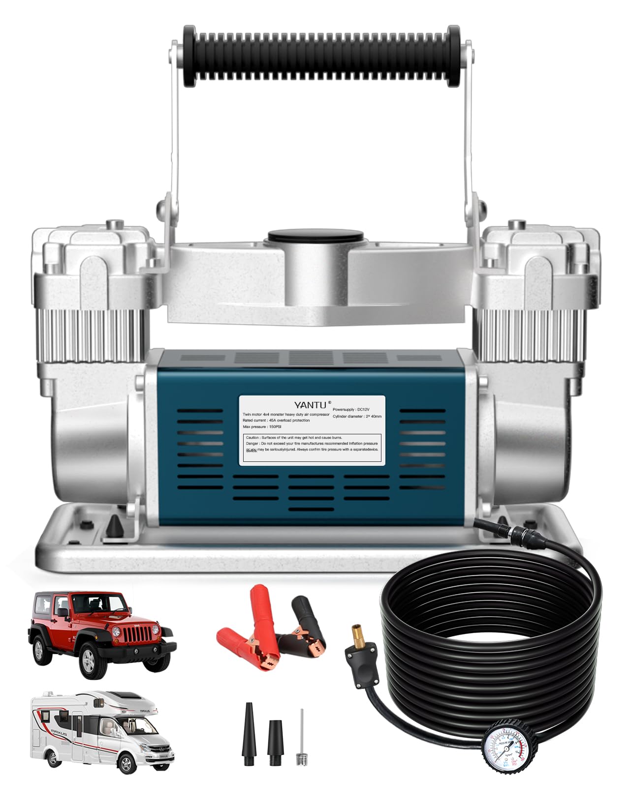 YANTU 空気入れ 高耐久ポータブル 12V エアコンプレッサーキット 6.35CFM (180L/ 分) 、最大 150PSI、オフロードエアコンプレッサーキット 4x4 車両 RV、ATVS タイヤ用エアポンプ、車および SUV タイヤ用