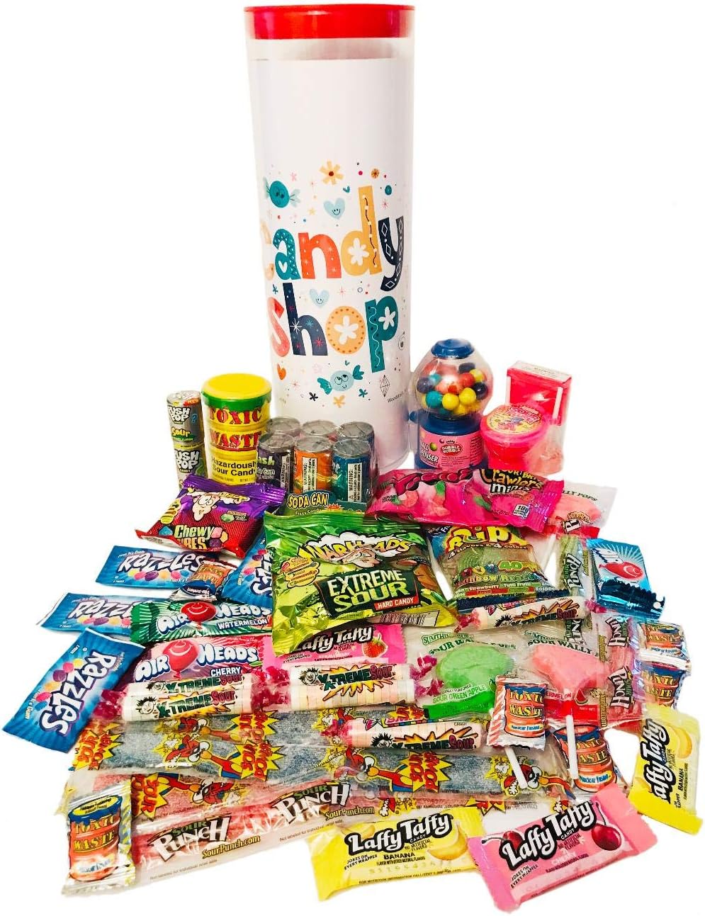 Children's Celebration Gift Tower Assortment - Toxic Waste, Warheads Extreme, Laffy Taffy, Airheads, Belts, Sour Flush Candy, Bubble Gum Dispenser, Smarties