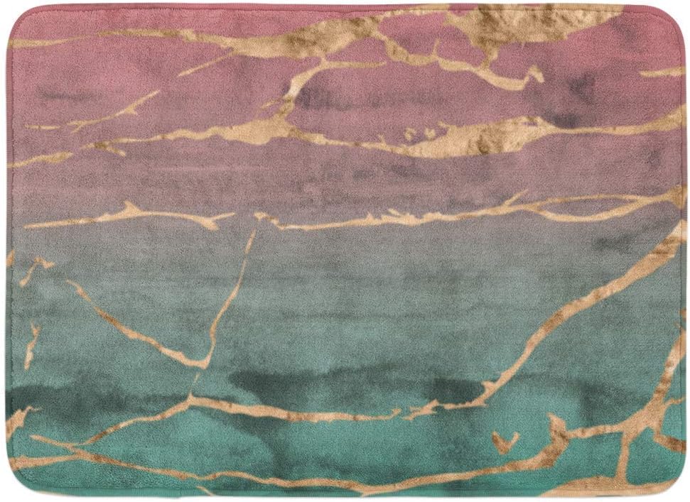 Kanaite Doormats Bath Rugs Outdoor/Indoor Door Mat Abstract Sliced Marble Rose Gold Overlaid on Pink and Green Hand Ombre Watercolor Gradient Bathroom Decor Rug Bath Mat