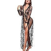 Women Sexy Robe Lace Sheer Long Kimono Nightgown Lingerie with G-string