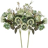 Neendohome 5 Stems 10 Heads Artificial Flowers Small Roses with Leaf Bouquet for Valentines Decoration Kitchen Wedding Office (2 Pack, Green)