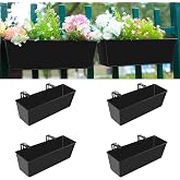 Holensun 16 Inch Deck Railing Planter Boxes with Adjustable Brackets (4PCS) | Metal Rectangular Window Boxes Drainage Hanging Flower Pots for Outdoor Plants Balcony Apartment Patio Decor Black