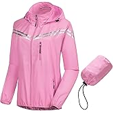CREATMO US Women's Packable Waterproof Running Rain Coat Reflective Cycling Jacket Windbreaker With Detachable Hood