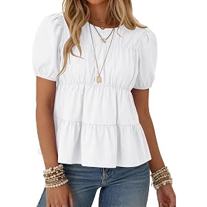 Rapbin Womens Puff Short Sleeve Babydoll Tops Summer Peplum Pleated Cotton T Shirts Casual Loose Fit Flowy Blouses