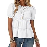 Rapbin Womens Puff Short Sleeve Babydoll Tops Summer Peplum Pleated Cotton T Shirts Casual Loose Fit Flowy Blouses