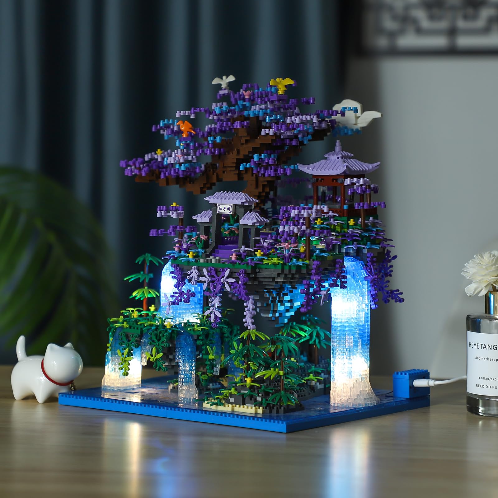 NEWABWN Chinese Moon Palace Pavilion Building Blocks Set - Micro Miniature Bonsai Tree House with String Lights and Flowers for Adults Teens 14+ (4574 Pieces)