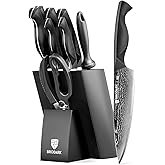 BRODARK Knife Set, Damascus Kitchen Knife Set with Block, 9 Pieces Sharp Professional Japanese Chef Knives with Ergonomic Full-Tang ABS Handle for Home, Restaurant -Christmas Gift, Dark Horse Series