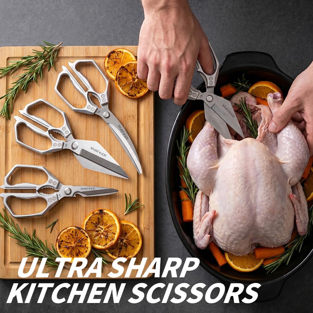 ZORKIC Küchenschere Set Silber 3er-Pack Hähnchenschere, Edelstahl Geflügelschere Fleischschere, Scharf Küchen schere für Gemüseschere, Hühnerknochen und Pute Geschenke für Mama 4