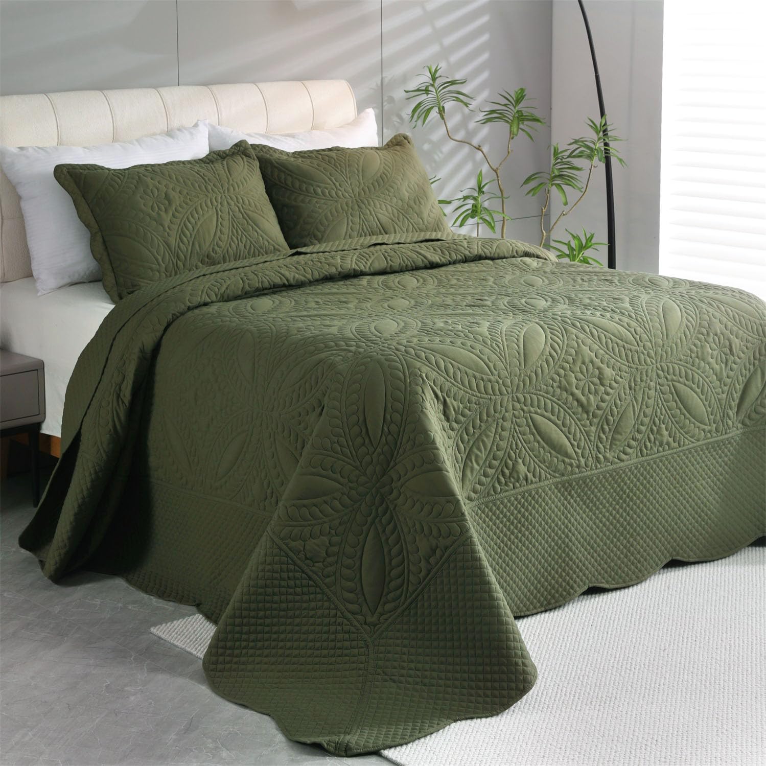 Photo 1 of Cmfshape Oversize King Bedspread 128"x120",3 Piece California King Quilt,Lightweight Olive Green Quilt Set for All Season,Modern Coin Pattern Bedding Set