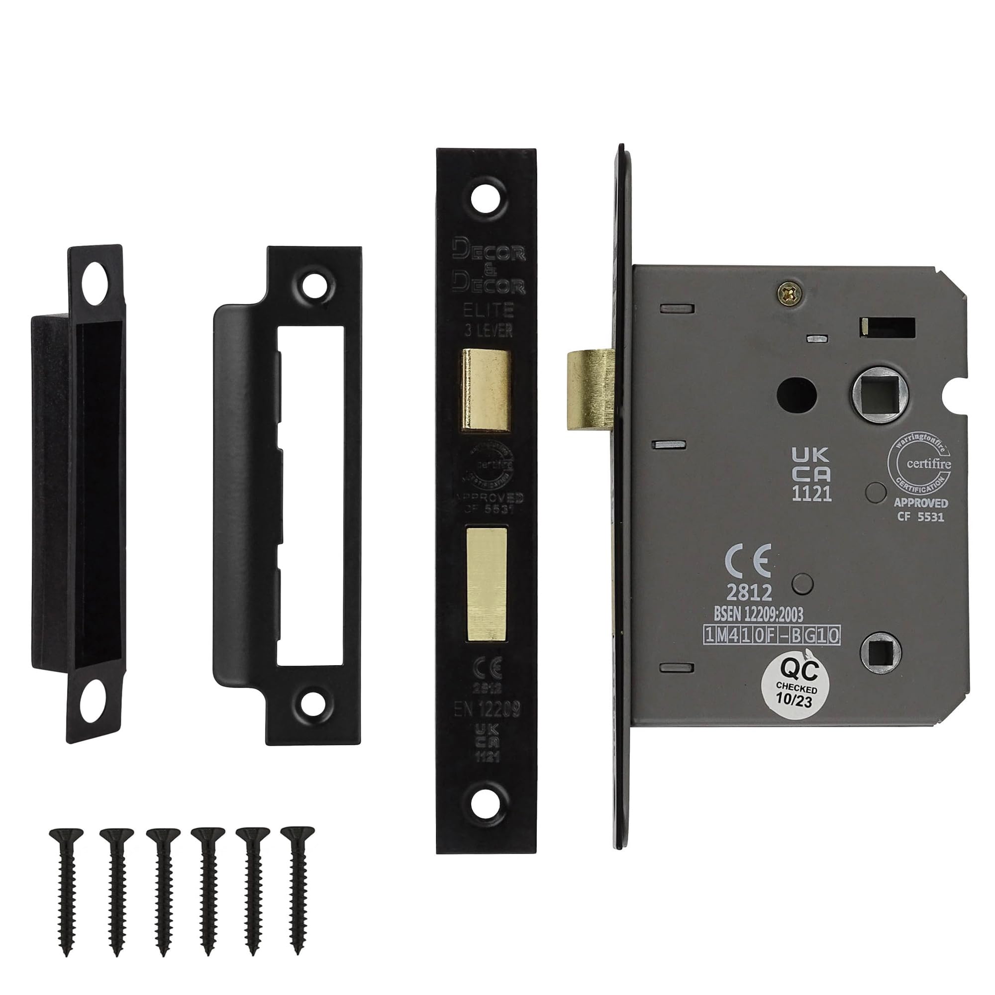 Decoranddecor Bathroom Mortice Lock - 3inch / 76mm - Matt Black - Fire Rated - UKCA & CE Approved