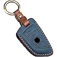 OLLEN Genuine Leather No Screws Key Fob Cover Fit for BMW 5 6 7 Series X1 X2 X3 X5 X6 GT Series etc, Blade Shape, Teal Blue