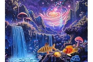 Coveimes 36" X 18" Galaxy Space Planet Aquarium Background, Waterfall Landscape Tapestry Fantasy Mountain Wave Wall Tapestry Mysterious Neon Plants Fish Tank with 10 EVA Double-Sided Tape