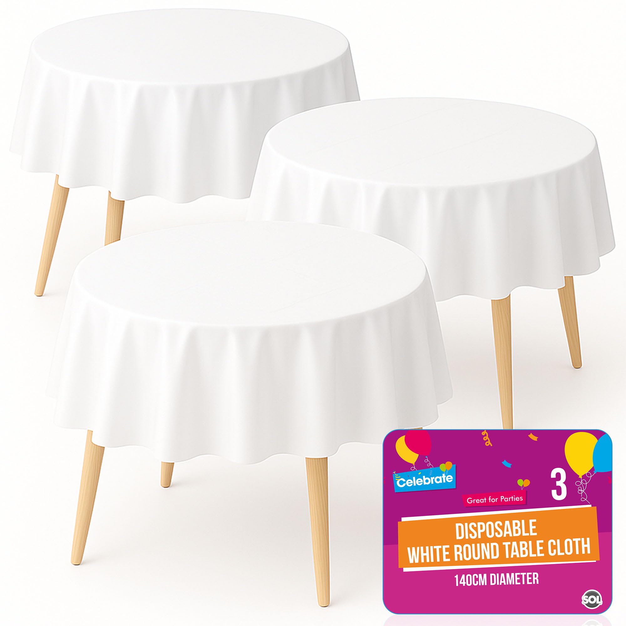 SOL 3pk White Round Tablecloth Disposable 140cm Plastic Circular Party Cover - Durable Spill Protection - Weddings, Girls Boys Birthdays, Christening, Weddings, Gender Reveals, Anniversaries, Buffets