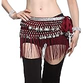 Belly Dance Hip Scarf - Tribal Coins Wave Shape Hip Skirt Belly Dancing Belt Tassel Fringe Shawl Wraps Belts for Women/Girls