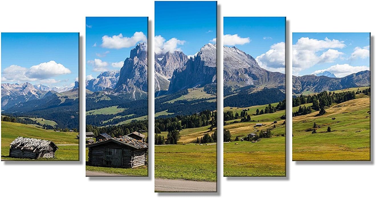 iPainting Split Canvas Painting - Cabin in front of Dolomites Mountain Range in Italy - Natural Landscape Wall Art Framed 5 Panel Set for Home Decoration