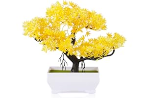 Frjjthchy Mini Artificial Bonsai Tree Plants with Plastic Cement Pots for Home Office Décor (Yellow)