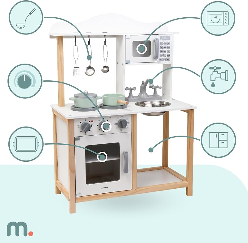 Cuisine en Bois Enfant Montessori 3+ Ans – Micro-Ondes, Four, évier & Accessoires Inclus – Solide, sûre, éducative, Couleurs Naturelles, Jeu créatif Durable