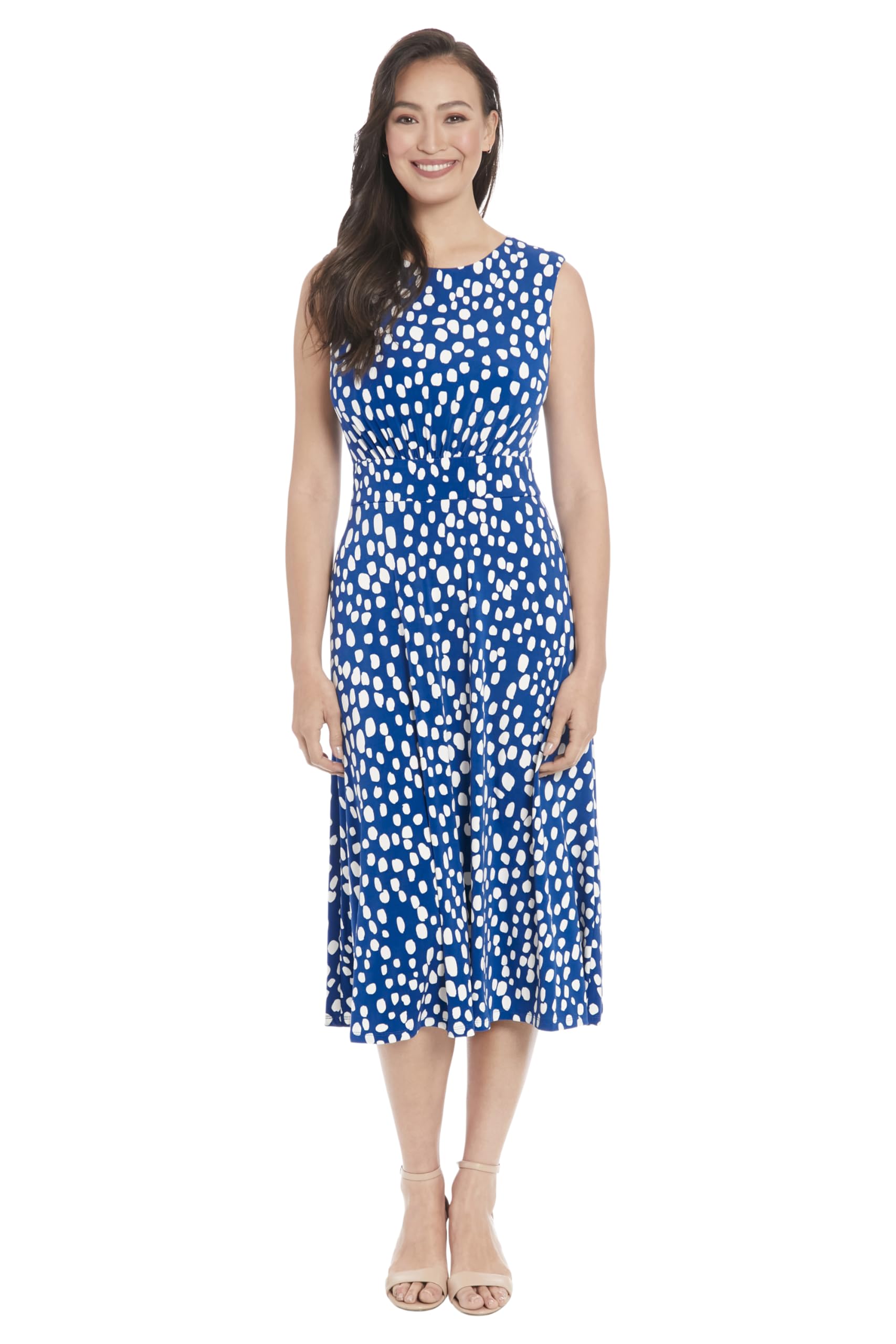 Photo 1 of London Times Women's Sleeveless Inset Waist Midi Fit and Flare Dress, Classic Blue/Soft White