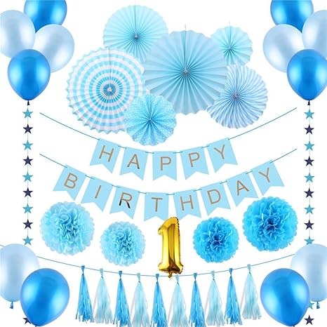 Lokipa Happy Birthday Decoration Blue Paper Pom Poms Paper Fans