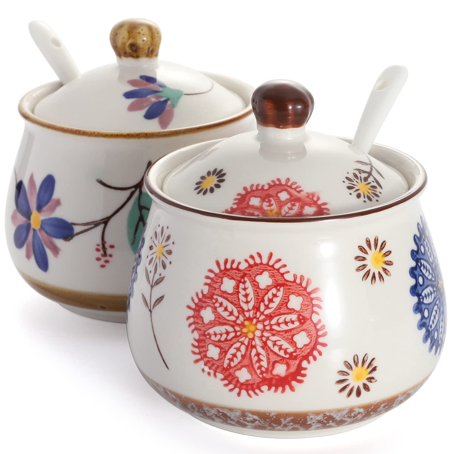 Photo 1 of **ONE OF THEM IS MISSING THE LID.**CHWAIKA Porcelain Sugar Bowl Set of 2 Ceramic Sugar Bowl with Lid and Spoon Sugar Storage Jar Sugar Dispenser Canister Container for Salt Spice (Style 2#)