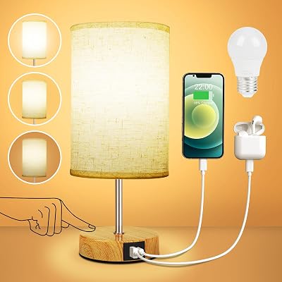 Suright Bedside Lamp 3-Way Dimmable USB A+C Ports Linen Shade LED Bulb Included