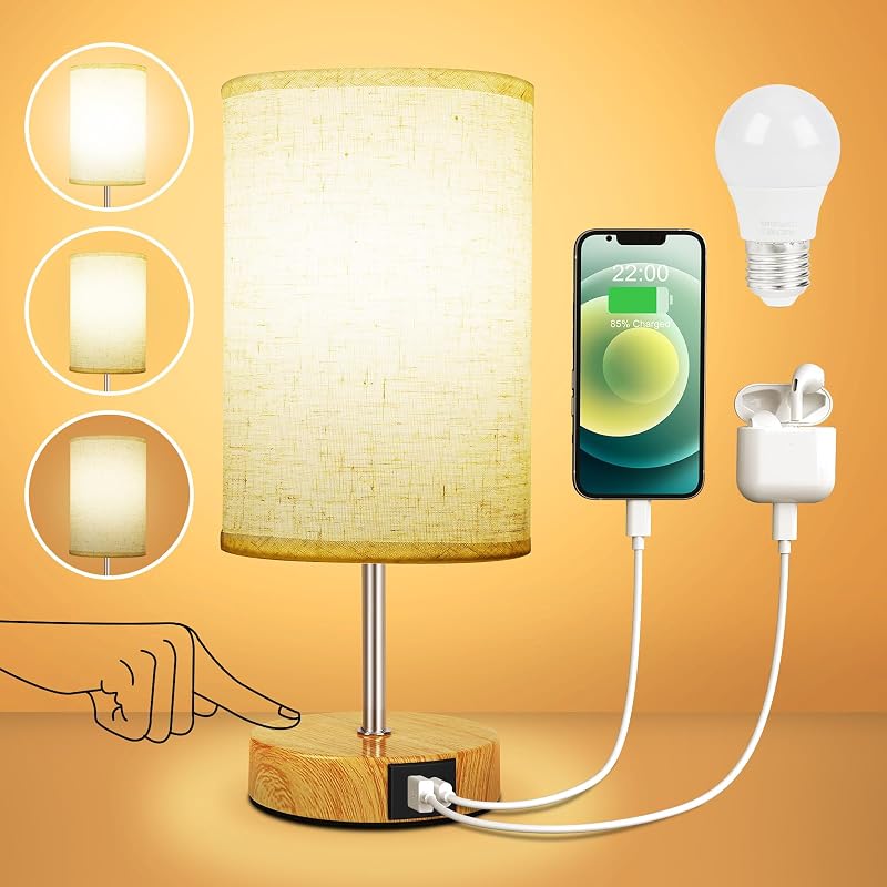 Suright Bedside Lamp 3-Way Dimmable USB A+C Ports Linen Shade LED Bulb Included