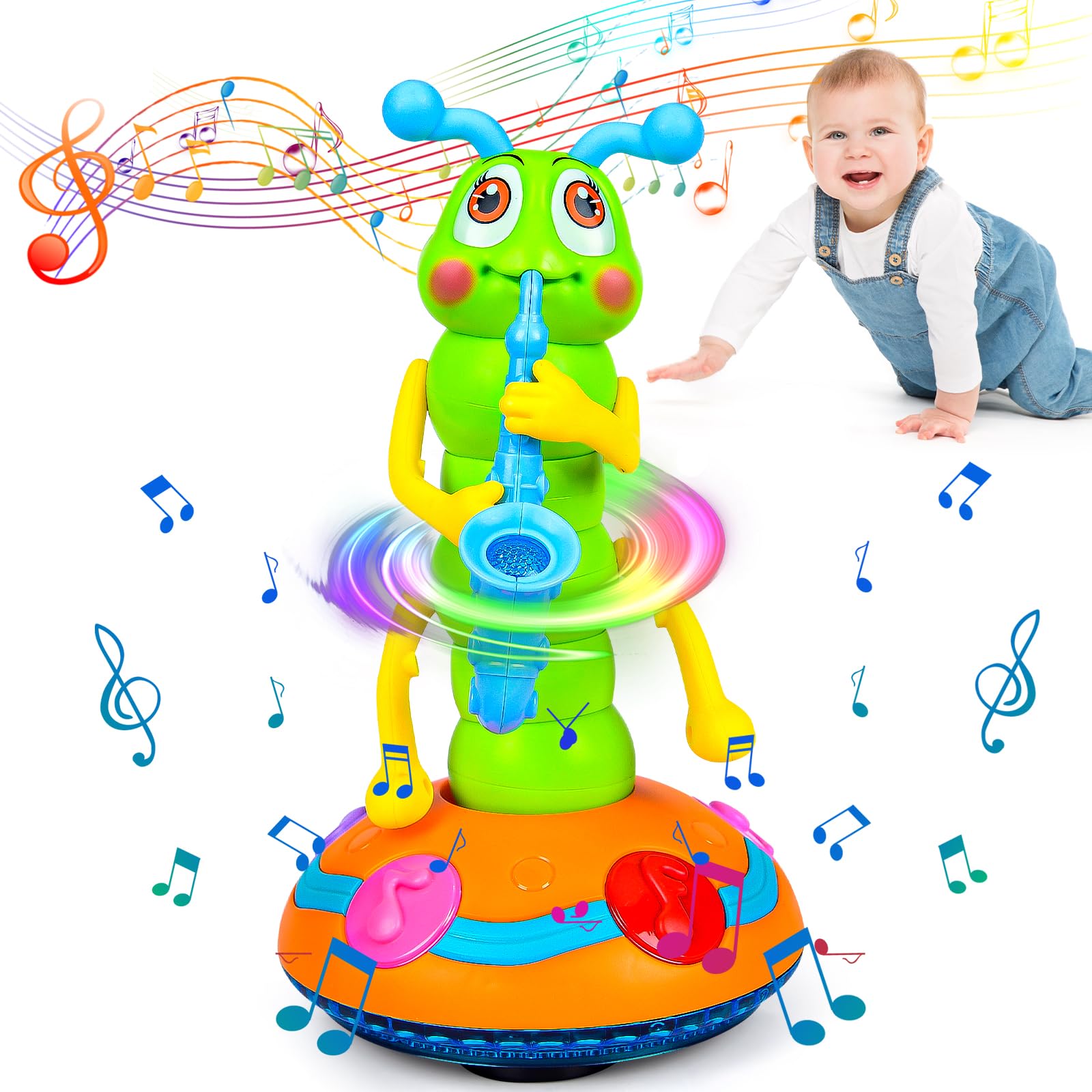 Dancing Saxophone Caterpillar Toy, Electric Dancing Singing Caterpillar Crawling Toy, Caterpillar Light Up Musical Sensory Toys for Baby Toys 6 to 12 Months Toddlers Gifts(Pink/Blue Random)