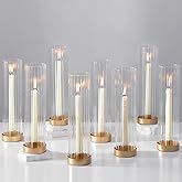 Hewory Hurricane Glass Candle Holders: Set of 8 Gold Candlestick Holders with 11" Tall Clear Cylinder Hurricane Cover, Taper Candle Holder for Wedding Table Centerpiece Party Christmas Home Decor