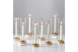 Hewory Hurricane Glass Candle Holders: Set of 8 Gold Candlestick Holders with 11" Tall Clear Cylinder Hurricane Cover, Taper Candle Holder for Wedding Table Centerpiece Party Christmas Home Decor