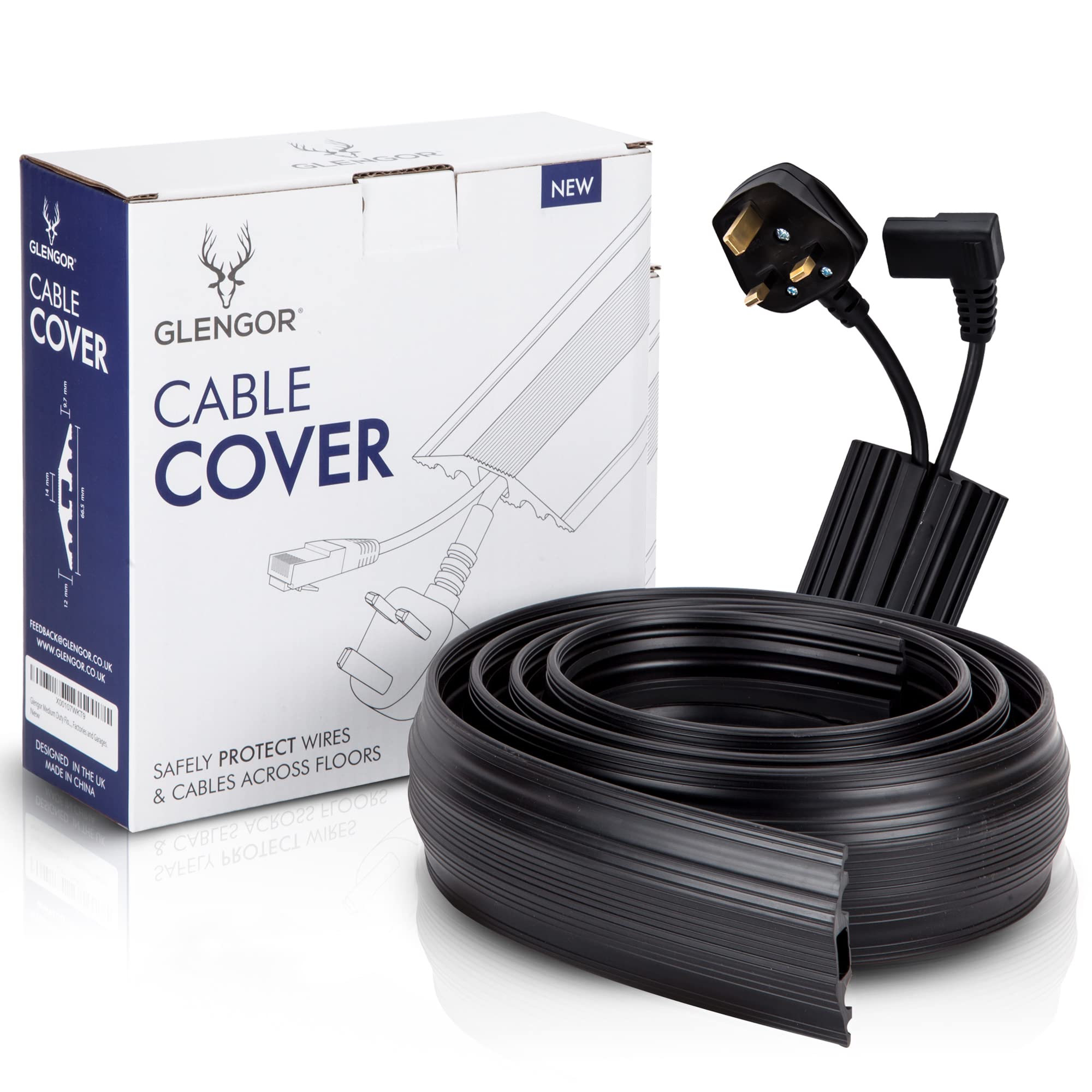 Glengor Medium Duty Floor Cable Cover/Cable Protector | Protect Cables & Prevent Trip Hazards | 2m Length | Black | Perfect for Offices, Retail, Gyms, Factories and Garages.