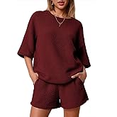 Tankaneo Womens 2 Piece Outfits Lounge Sets 3/4 Sleeve Oversized Tops and Elastic Waist Shorts Pajama Sets Loungewear