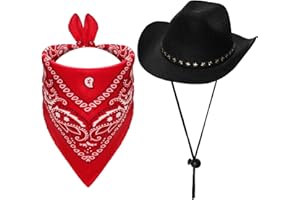 Fumwase Pet Cowboy Costume Halloween Costumes for Dogs Cat Cowboy Hats with Bandana Scarf Costume Accessories Dog Cat (Black hat + Red, Large)