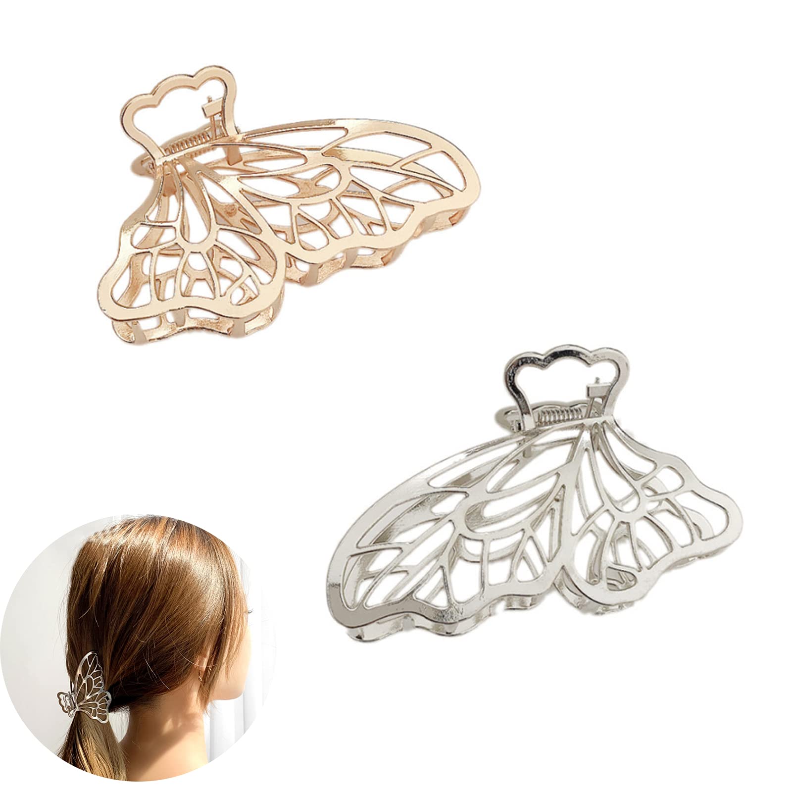 2 Pcs Metal Butterfly Hair Clips - Claw Barrette with Hollow Jaw for Women & Girls (Silver & Gold)