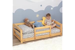 Ocodile Toddler Bed with Rails | Low Montessori Floor Bed Frame for Kids | Standard Crib Size Wooden Frame for Independent Toddlers 1-3 - Varnished