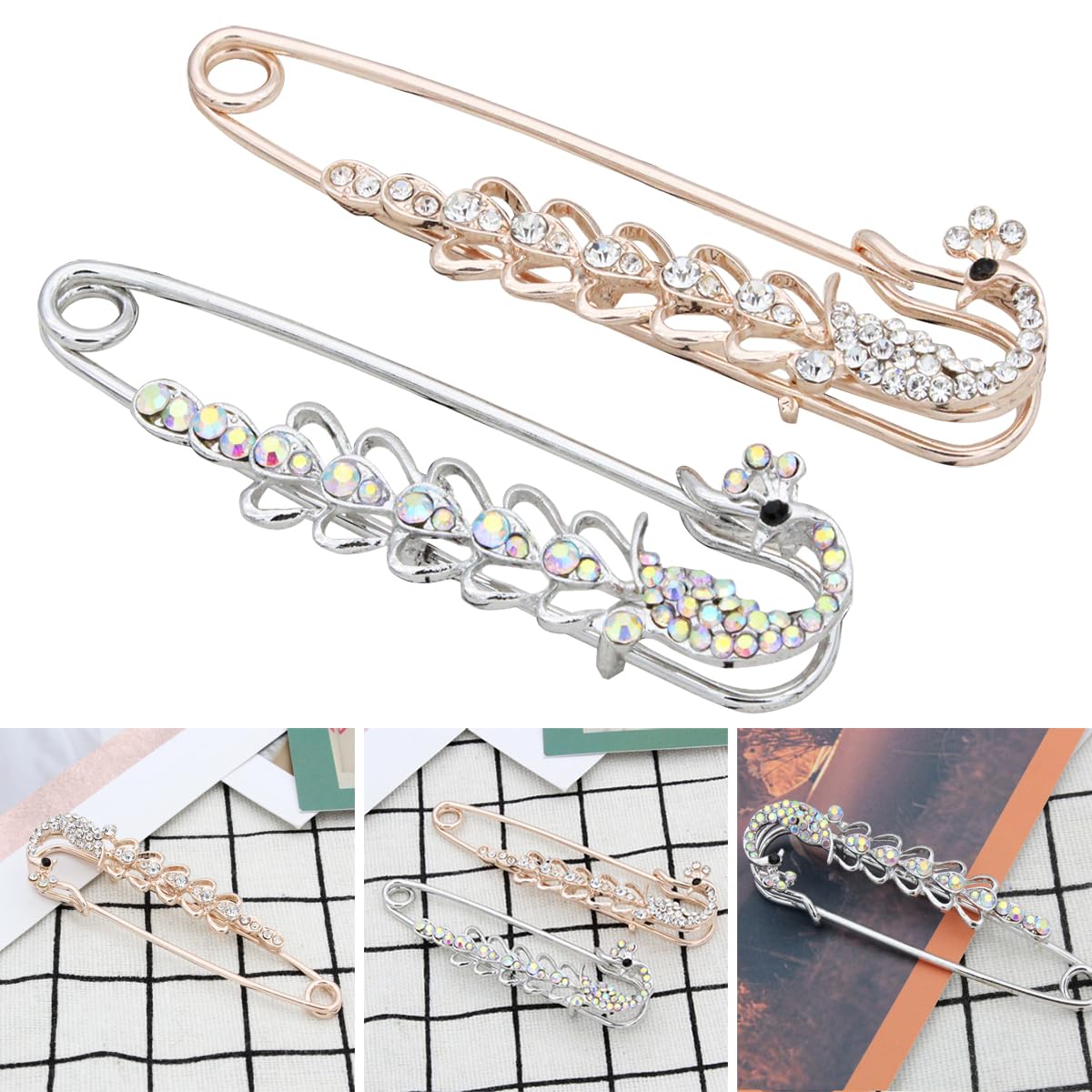 POFET 2pcs Crystal Peacock Charm Safety Pin Brooch Clip Ladies Scarf Coat Gown Golden Silver