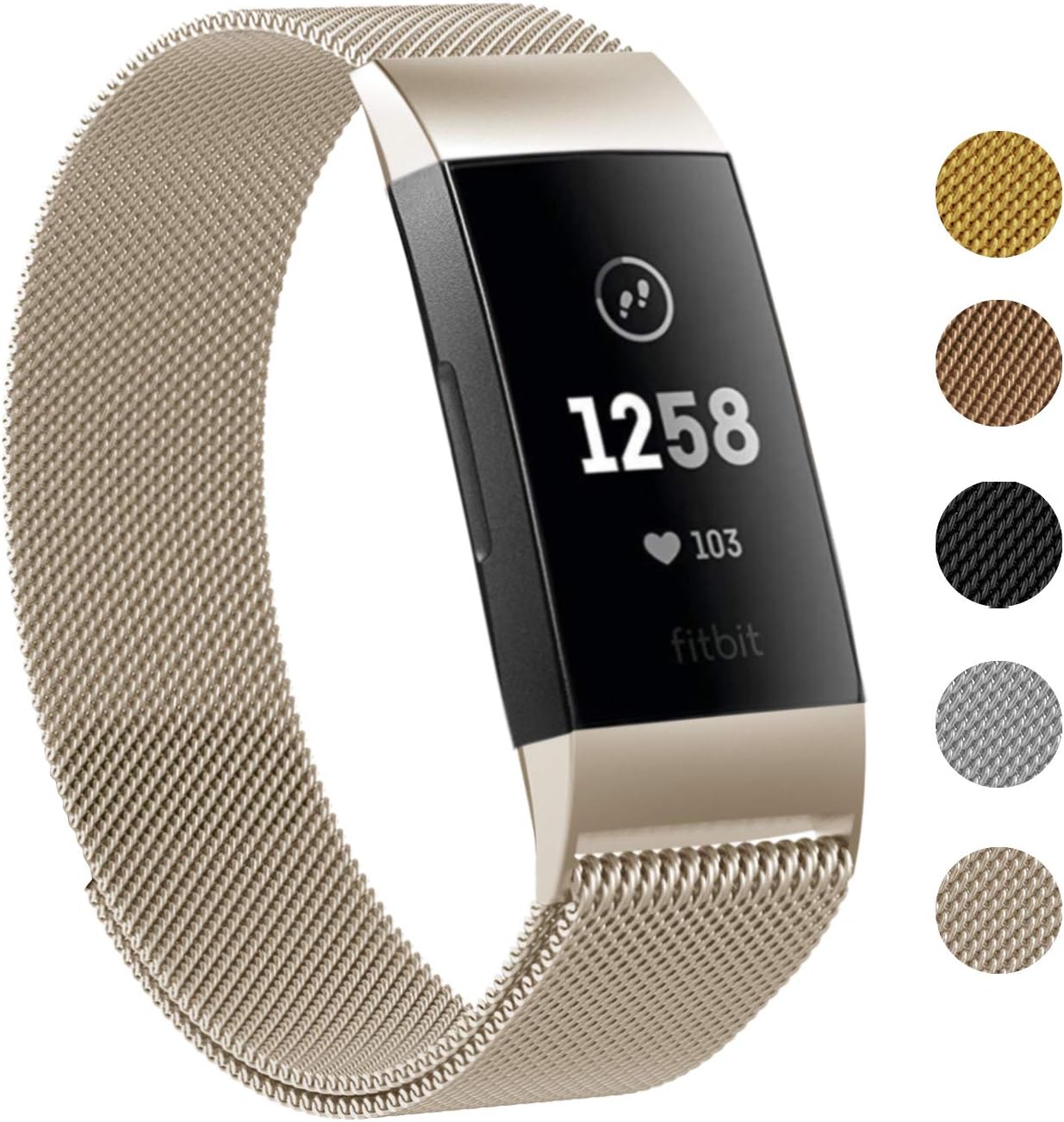 Keasy Replacement Bands Compatible for Fitbit Charge 3, Stainless Steel Metal Wristbands with Metal Lock for Women Men  (Champagne, Small)