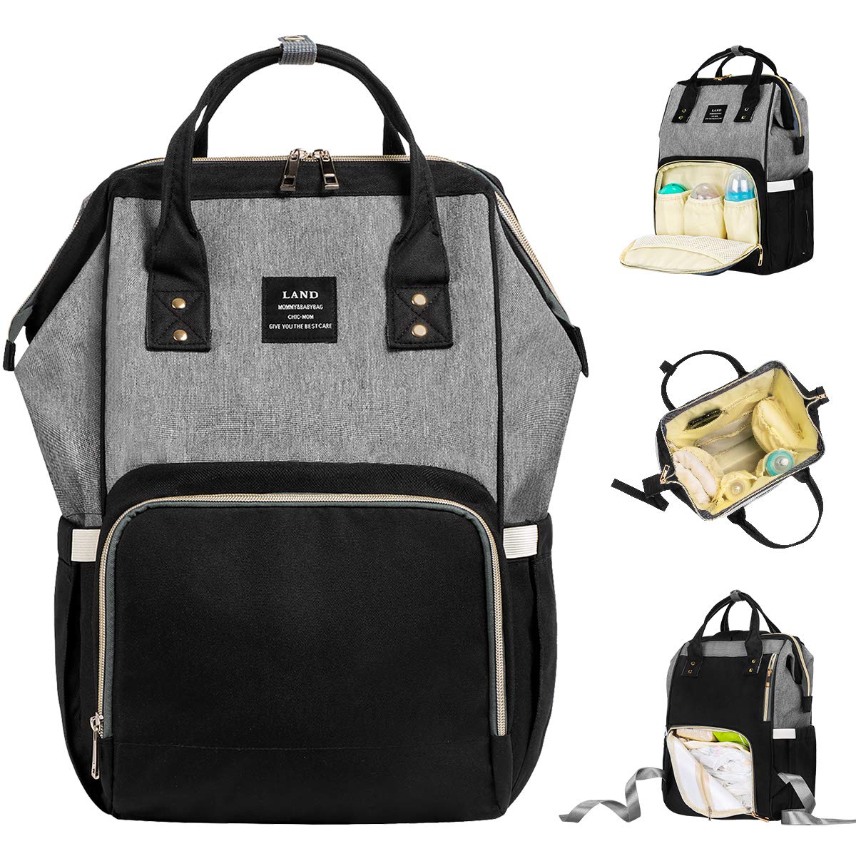 Landuo Diaper Bag Multi-Function Waterproof Travel Backpack Large Nappy Bags for Baby Care, Large Capacity, Stylish and Unisex (Grey-Black)