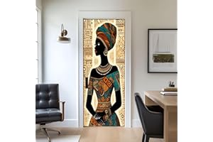 Door Stickers Peel and Stick Door Mural African Tribal Woman Headwrap Necklaces Geometric Patterns Removable Wallpaper 30.3''