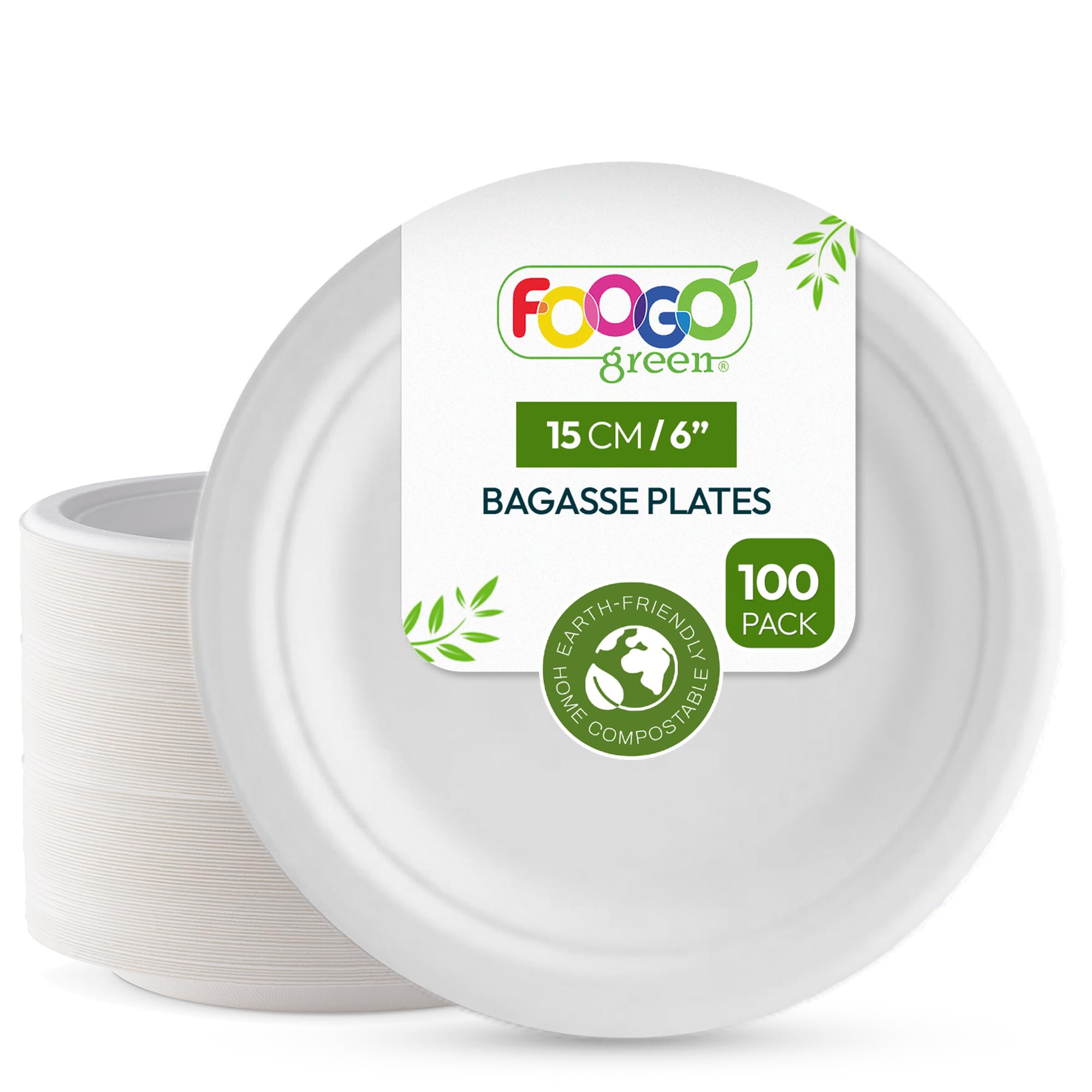 FOOGO Green 100 Disposable Sugarcane Bagasse Plates, 6 inch (15 cm), for Desserts and Starters, Eco Friendly Biodegradable Compostable, Picnic, Party, Small Round Strong Paper Plates