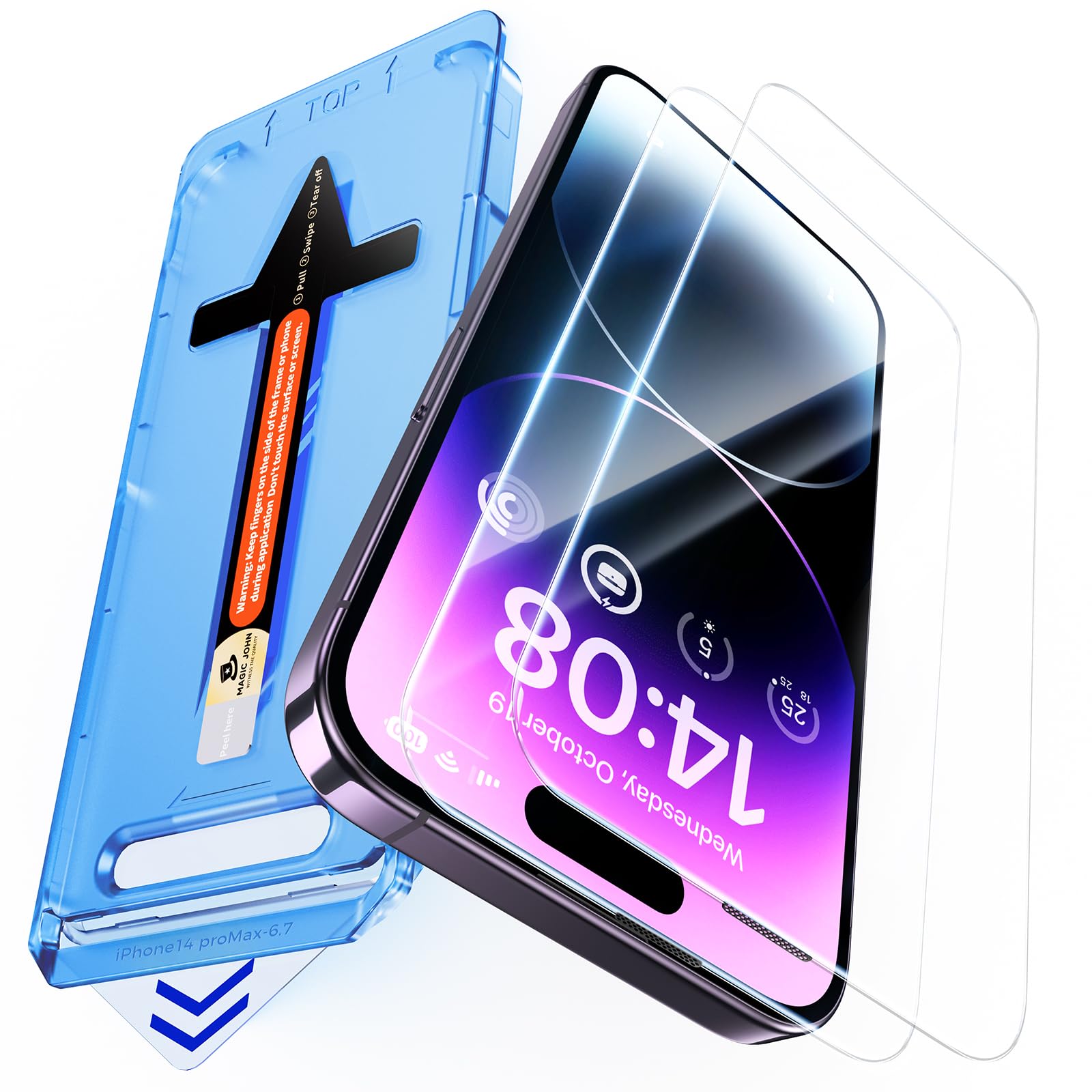 MAGIC JOHN 2 Pack for iPhone 14 Pro Max 6.7 inch Tempered Glass Screen Protector, Auto Dust-Elimination Installation, Bubble Free, Dynamic Island Compatible, HD Clear, Easy Installation, Case Friendly