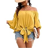 Floerns Women's Plus Size Off Shoulder 3/4 Bell Sleeve Knot Tie Front Blouses Top
